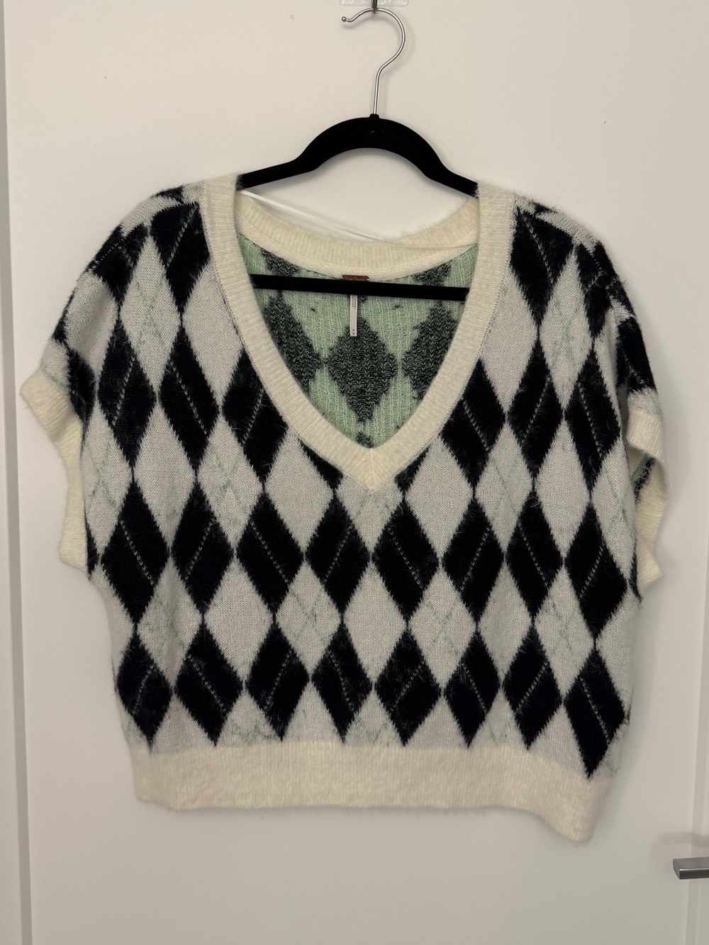 Free People Through The Motions Cropped Black-White Argyle Plaid Sweater Vest